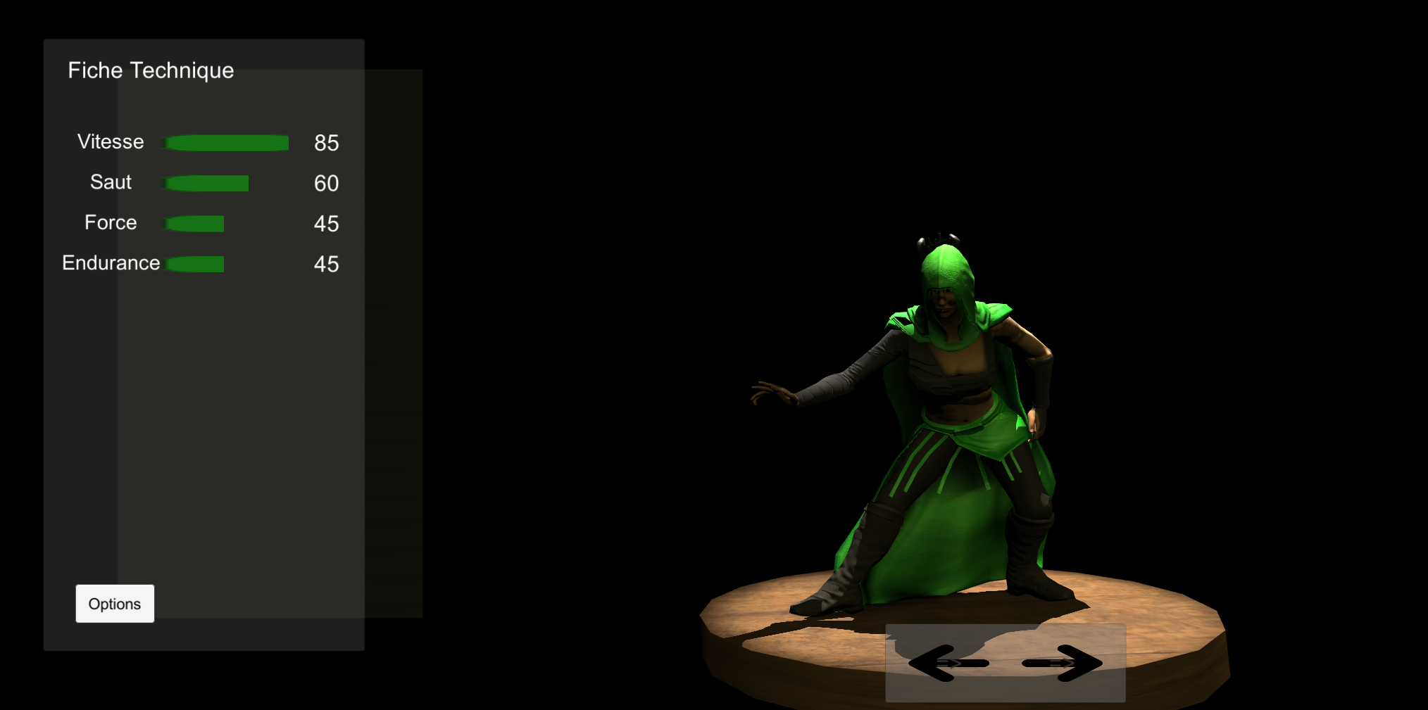 Menu de sélection du personnage